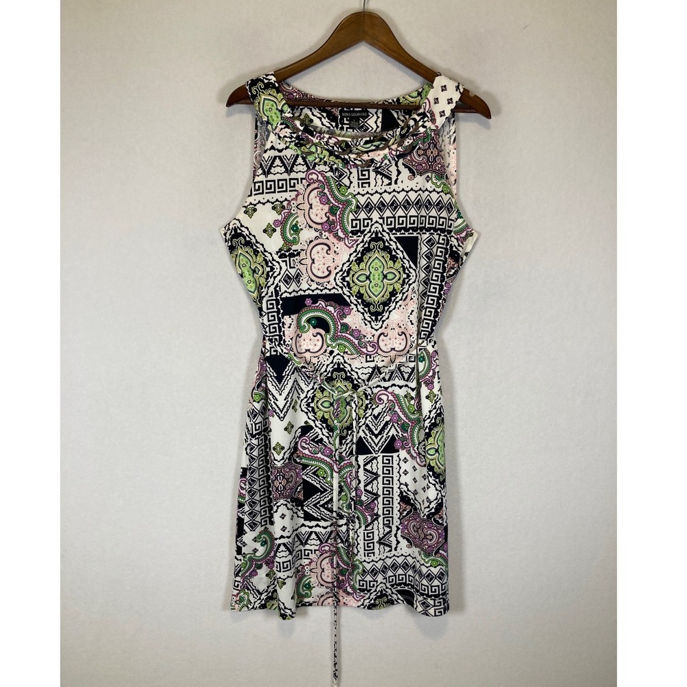 Boho Nina Leonard Women Large Multi Color Paisley Geometric Sleeveless Tie Dress